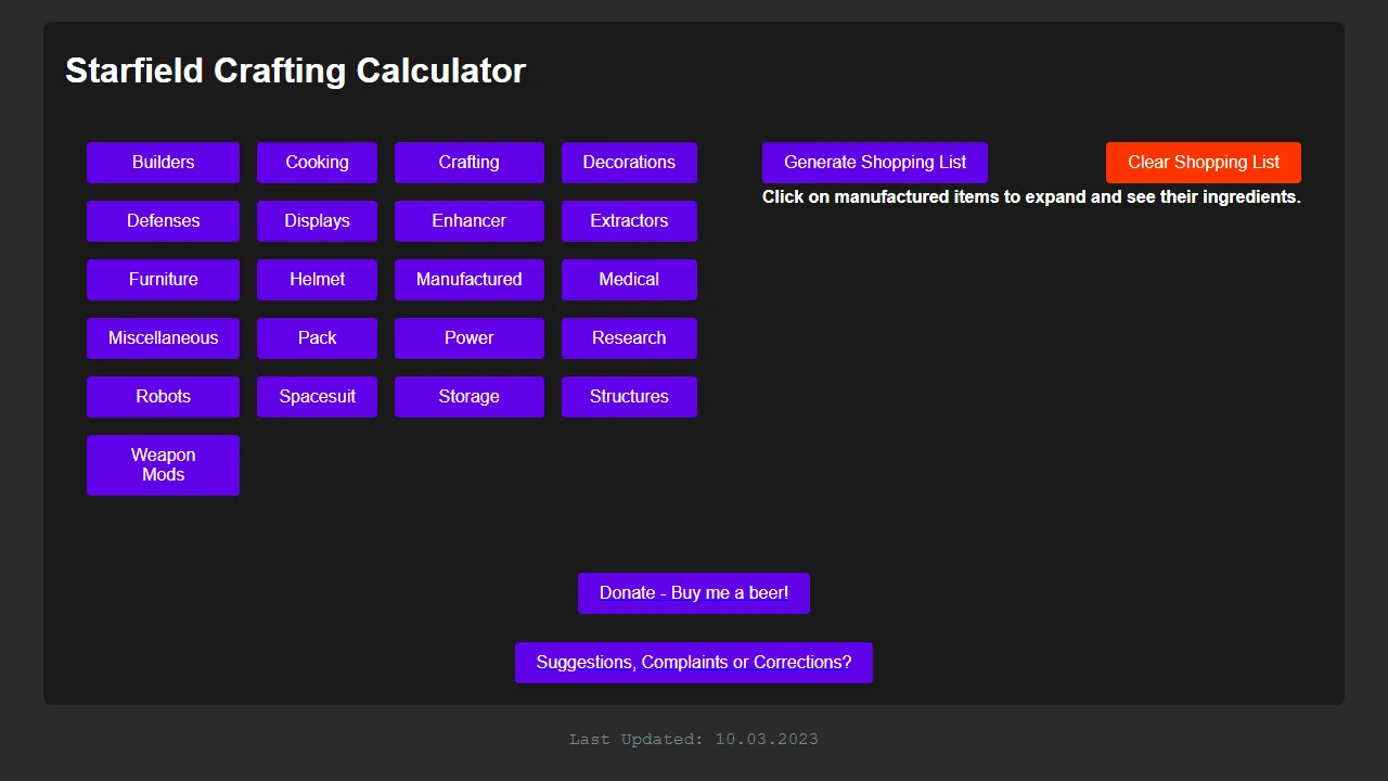 starfieldcraftcalc.com - Online Calculator Tool to Support Server Costs screenshot