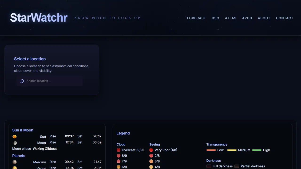 starwatchr.com - Astronomy App for Star Gazing screenshot