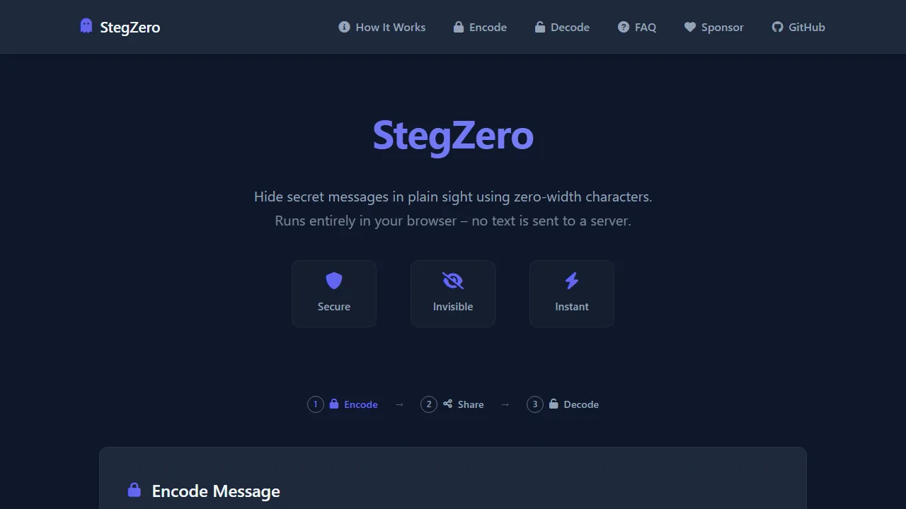 stegzero.com - Free Steganography Tool to Hide Secret Messages screenshot
