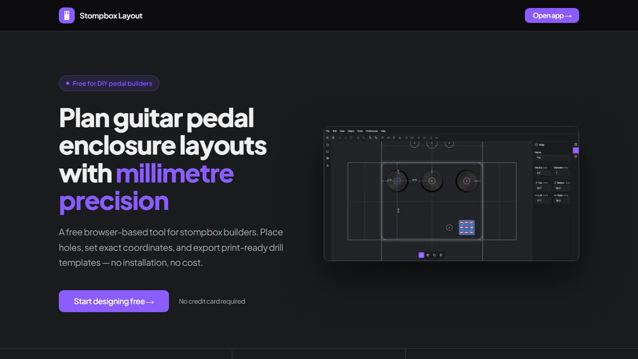 stompboxlayout.com - Free Stompbox Drill Template Designer for Pedals screenshot