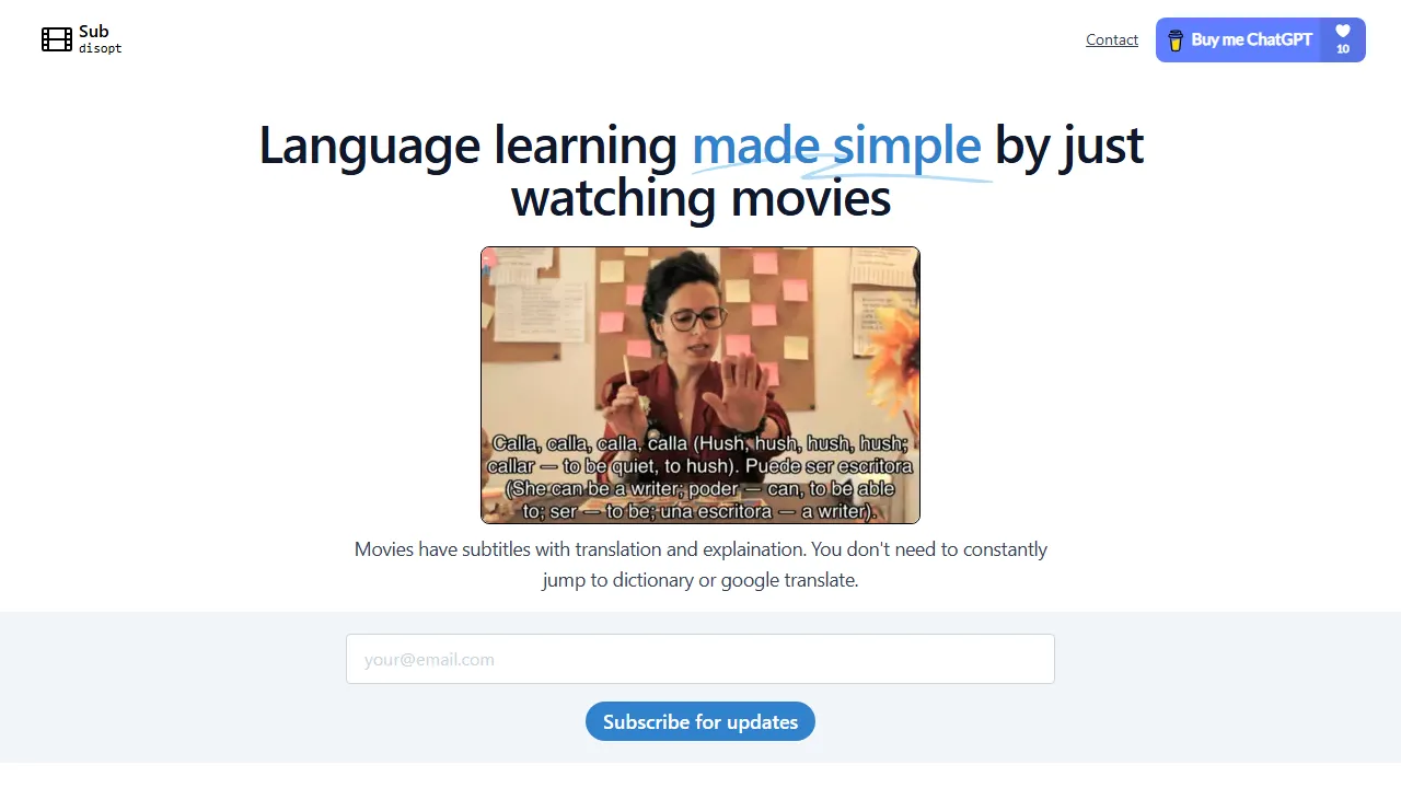 sub.disopt.com - Spanish Language Learning Platform with Subtitles screenshot