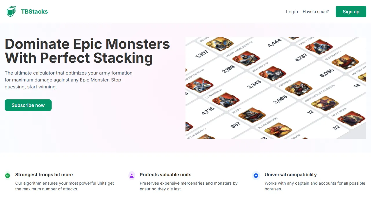 tbstacks.com - Online Game Calculator for Optimal Army Damage screenshot