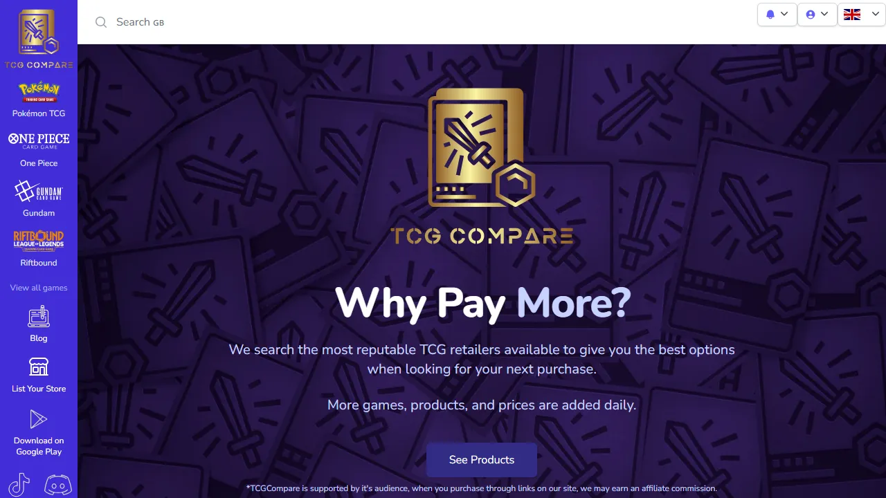 tcgcompare.com - Price Comparison Tool For Online Shopping screenshot