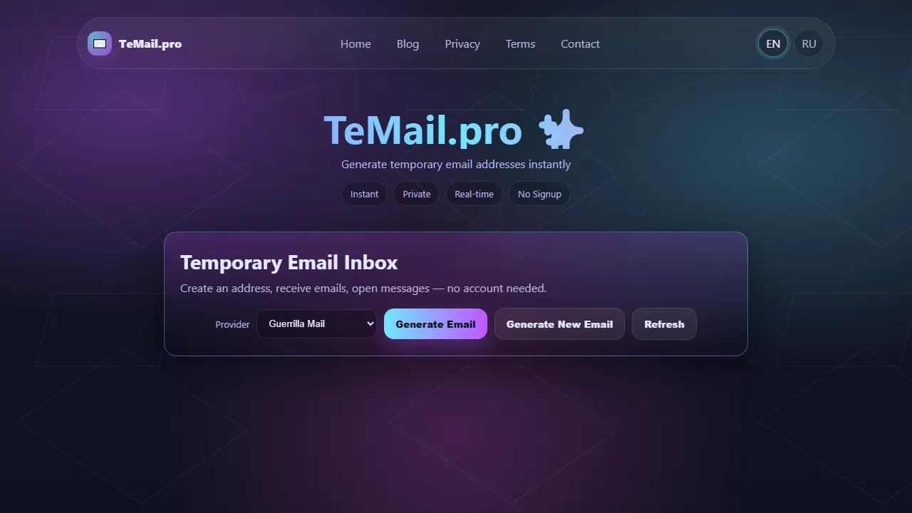 temail.pro - Service Supports Server and Domain Costs screenshot