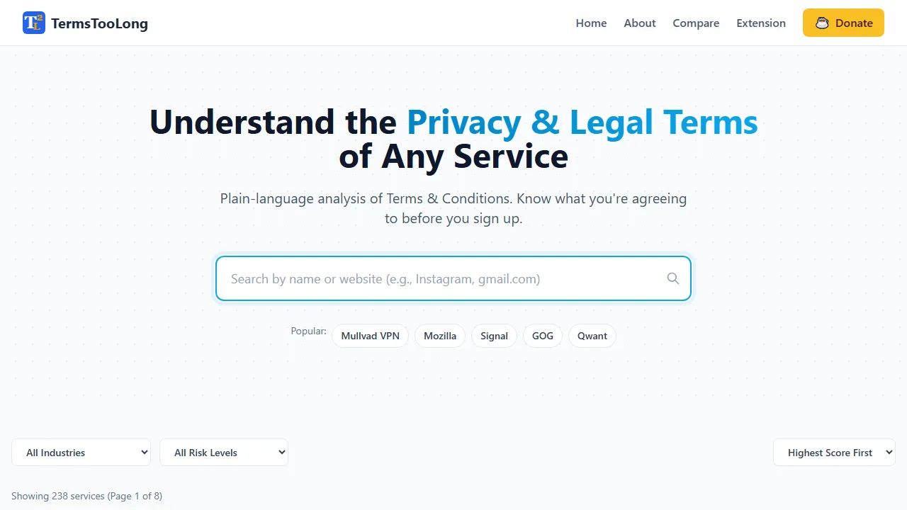 termstoolong.com - Understand Legal Terms of Service Simply screenshot