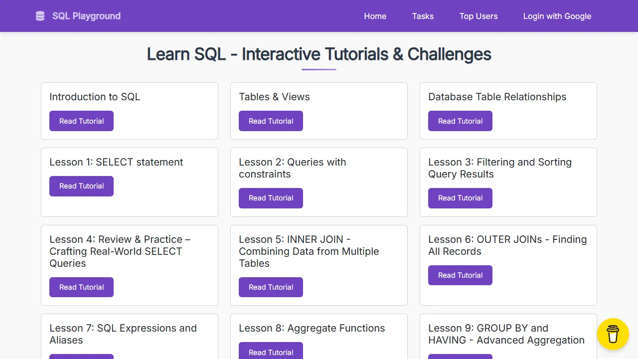 thesqlplayground.com - Learn SQL Programming Language with Free Exercises screenshot