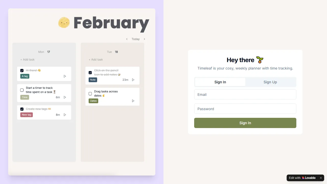 timeleaf.lovable.app - Free Weekly Planner with Time Tracking screenshot