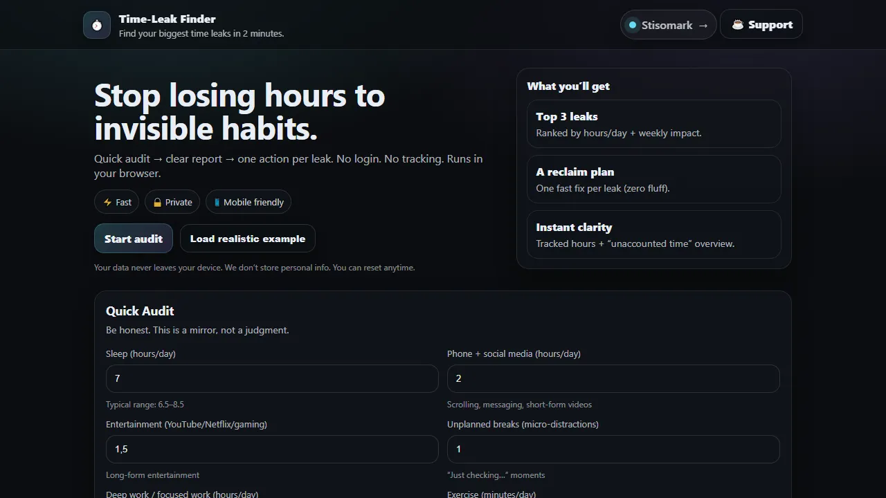 timeleakfinder.com - Simple Productivity Tools for Long-Term Freedom screenshot