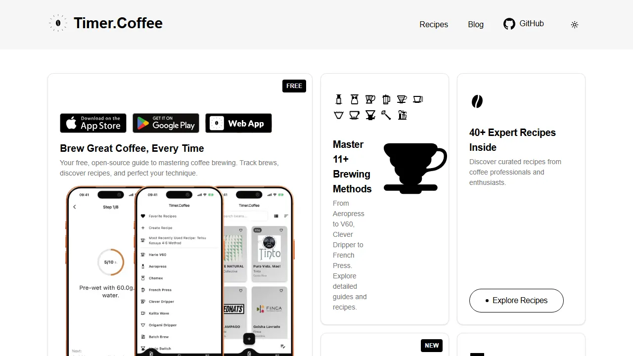 timer.coffee - Free Coffee Brewing Timer with Recipes screenshot
