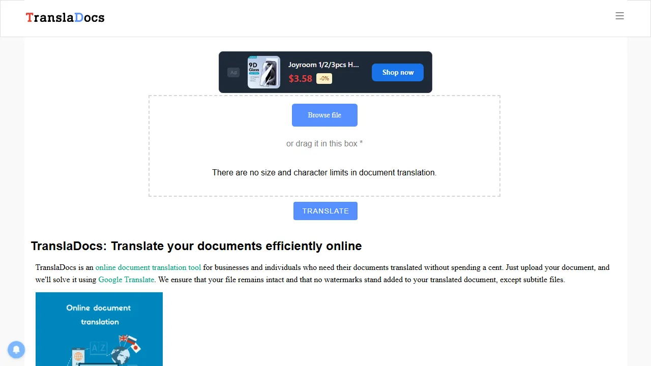 transladocs.com - Free Online Document Translation Tool screenshot