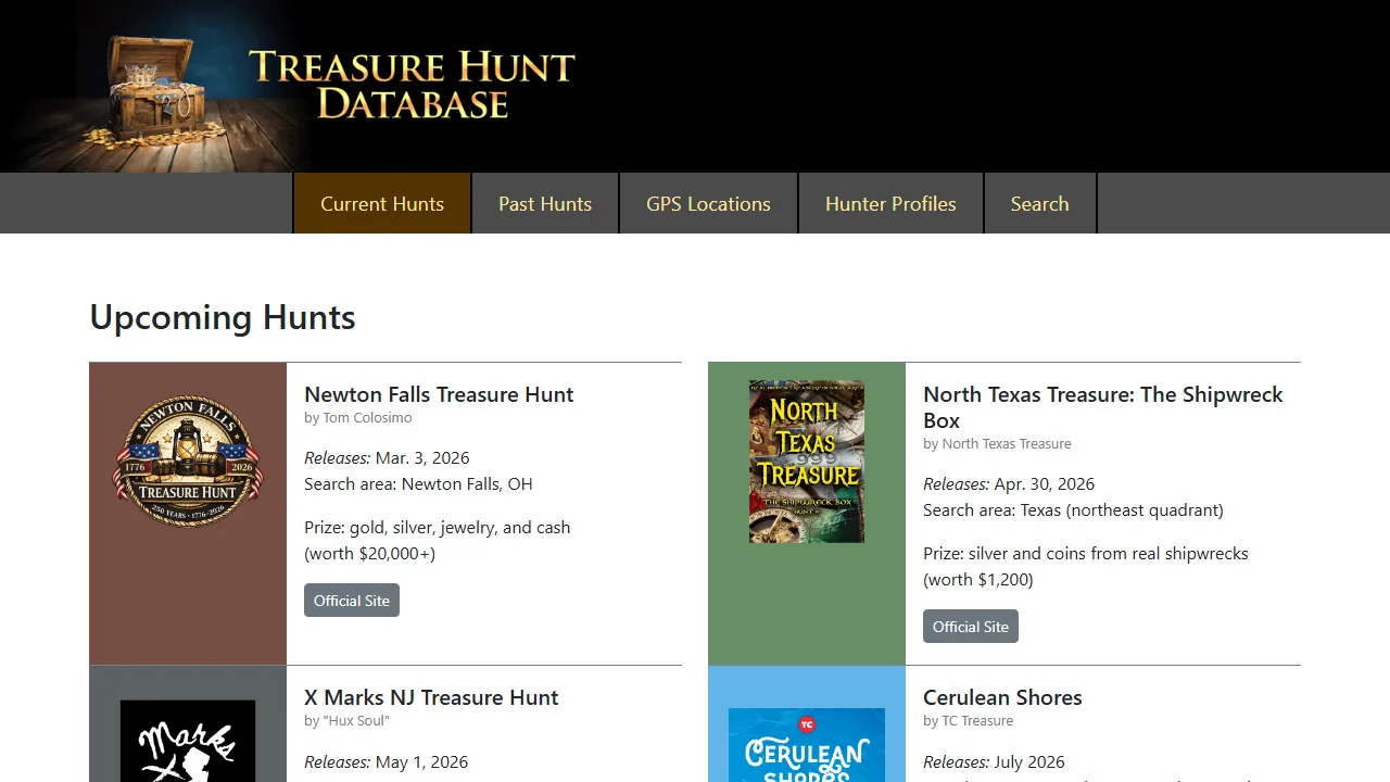 treasurehuntdb.com - Online Database for Treasure Hunt Enthusiasts screenshot