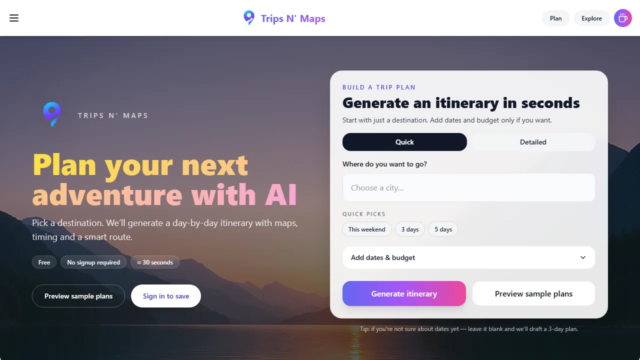 tripsnmaps.com - Free Trip Planner to Plan Your Journey screenshot