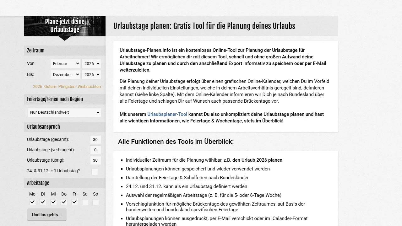 urlaubstage-planen.info - Personal Vacation Planner for Travel Plans screenshot