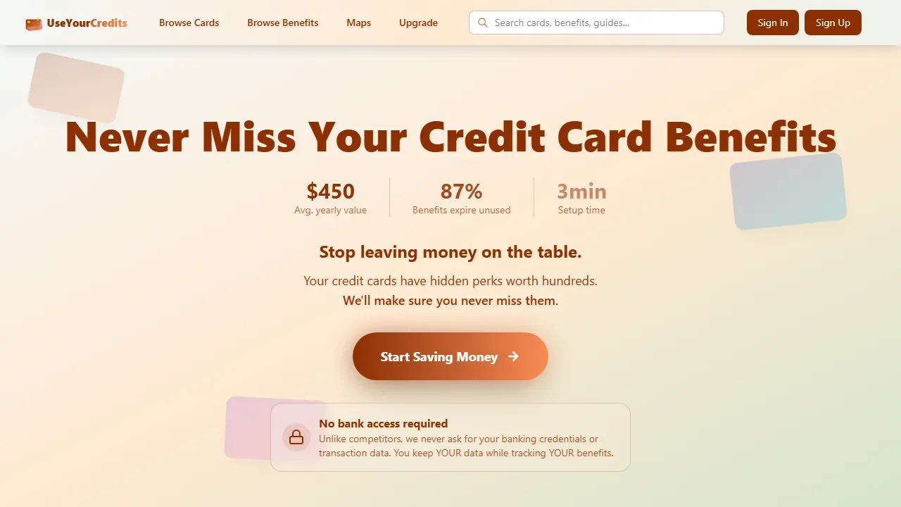 useyourcredits.com - Credit Card Benefits and Rewards Tracker screenshot