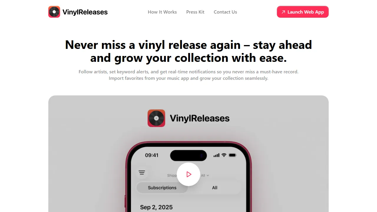 vinylreleases.app - New Vinyl Release Tracker and Alerts screenshot