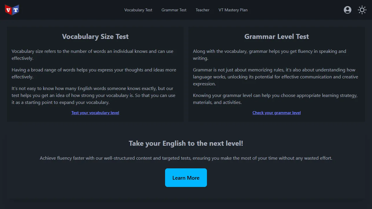 vocabularytester.com - Language Learning and Vocabulary Tool screenshot