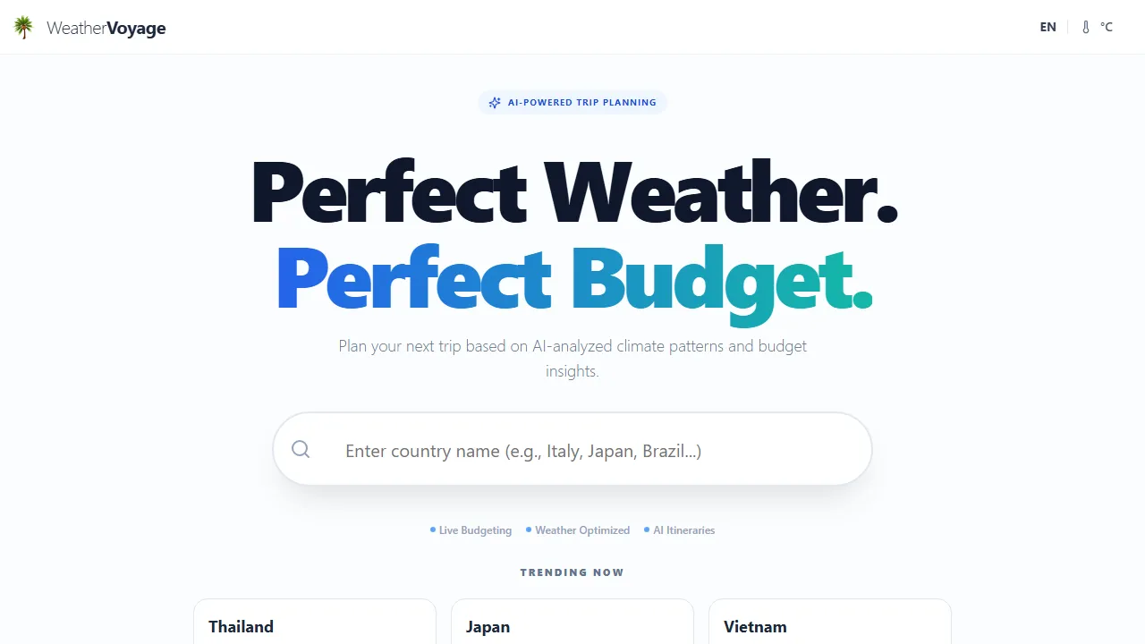 eathervoyage.com - Trip Planner AI Tool - Weather Based screenshot