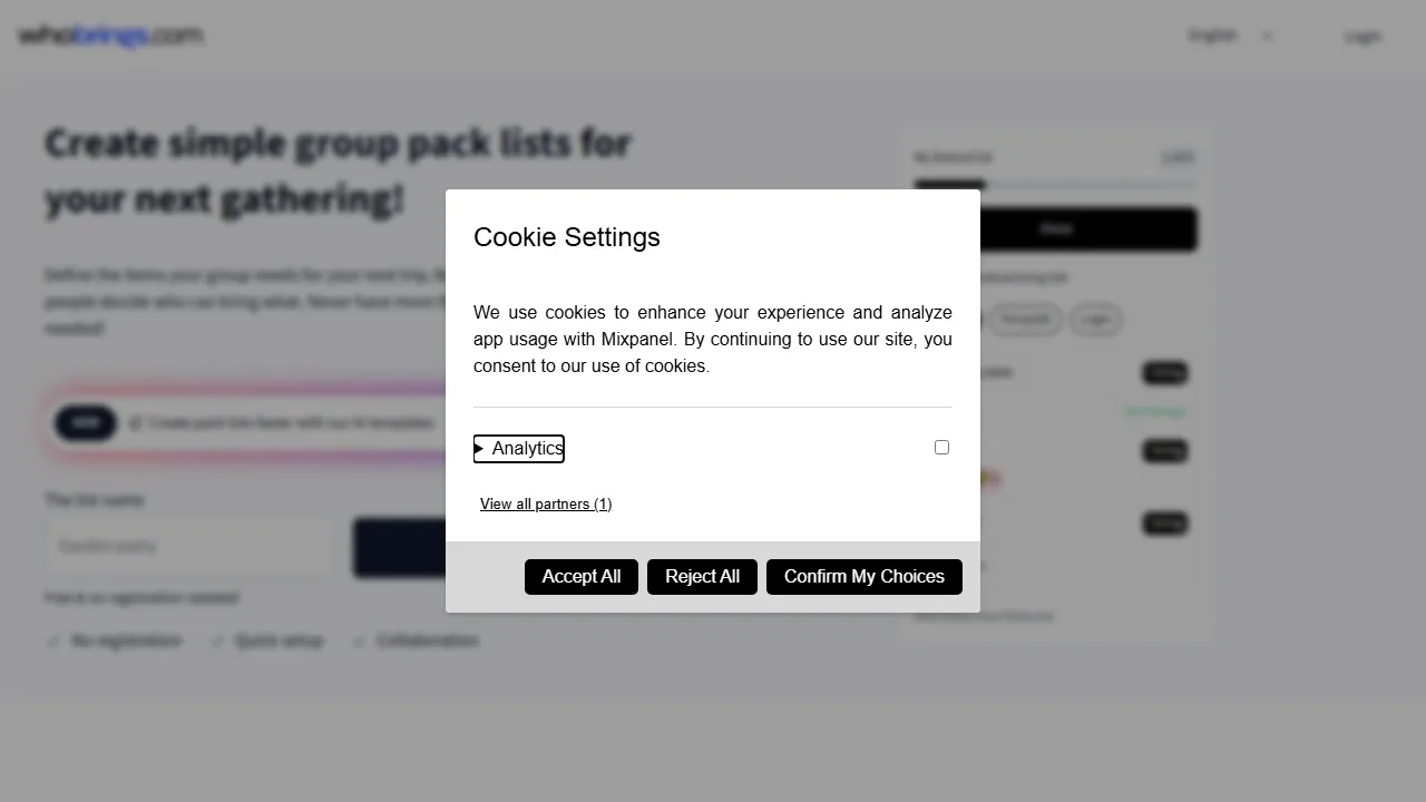 hobrings.com - Simple Group Packing List Tool Online screenshot