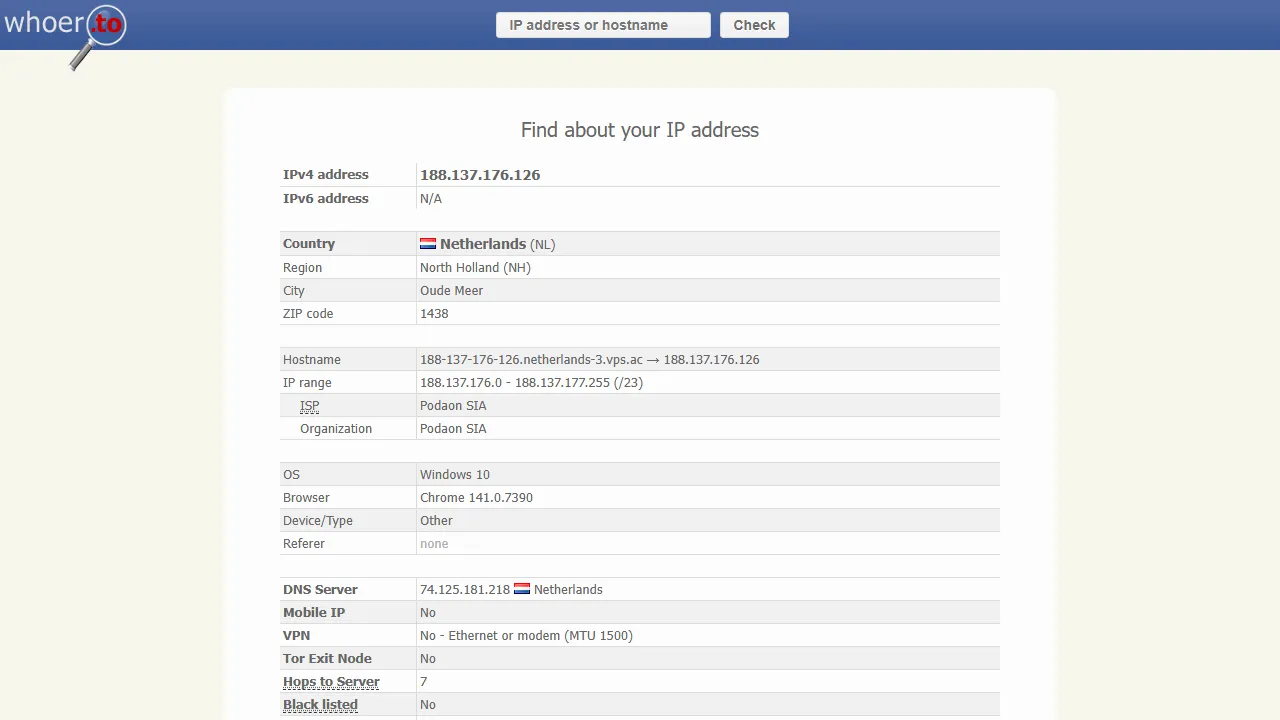 hoer.to - IP Address and Browser Information Lookup Tool screenshot