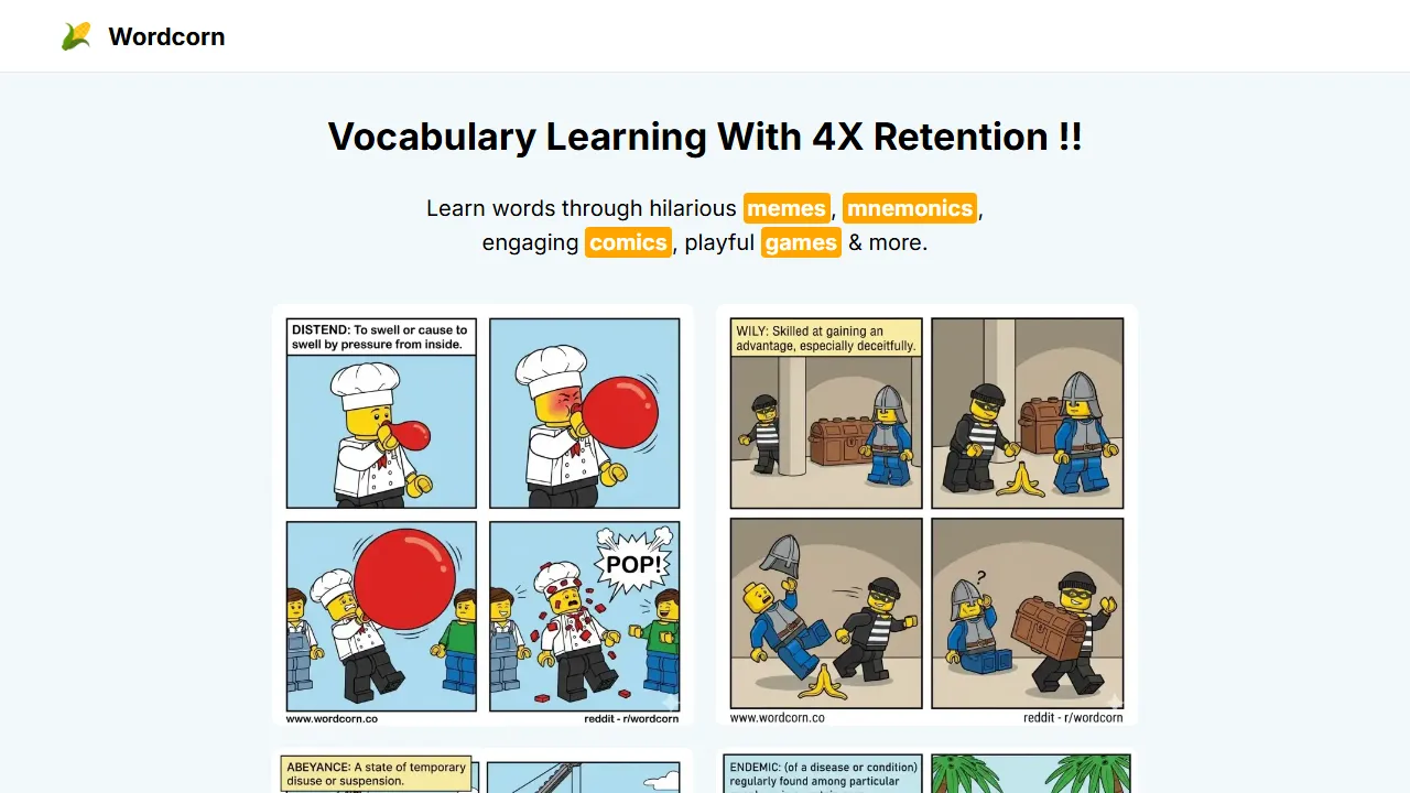 ordcorn.co - Vocabulary Builder with Stories and Memes screenshot