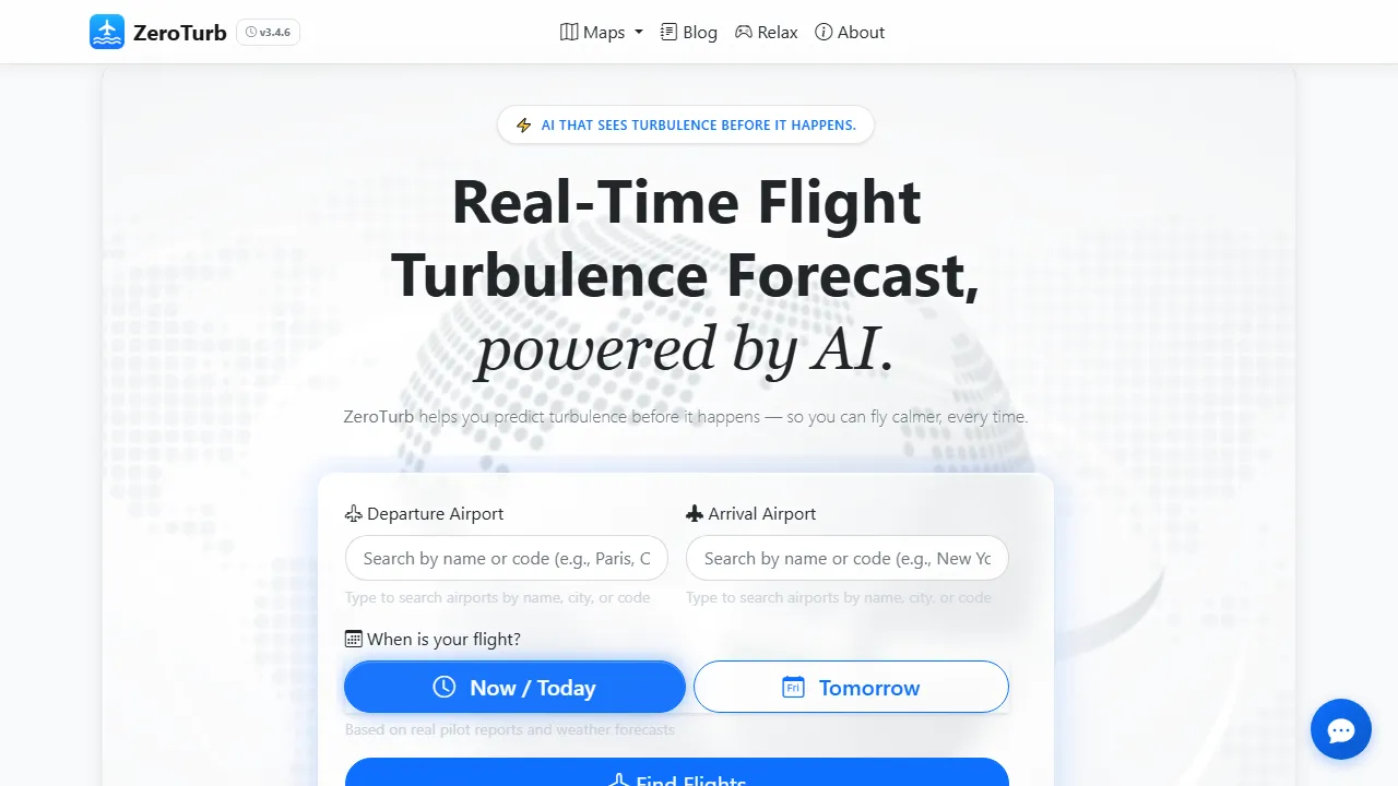 zeroturb.com - Real-Time Turbulence Tracker and Forecast Map screenshot